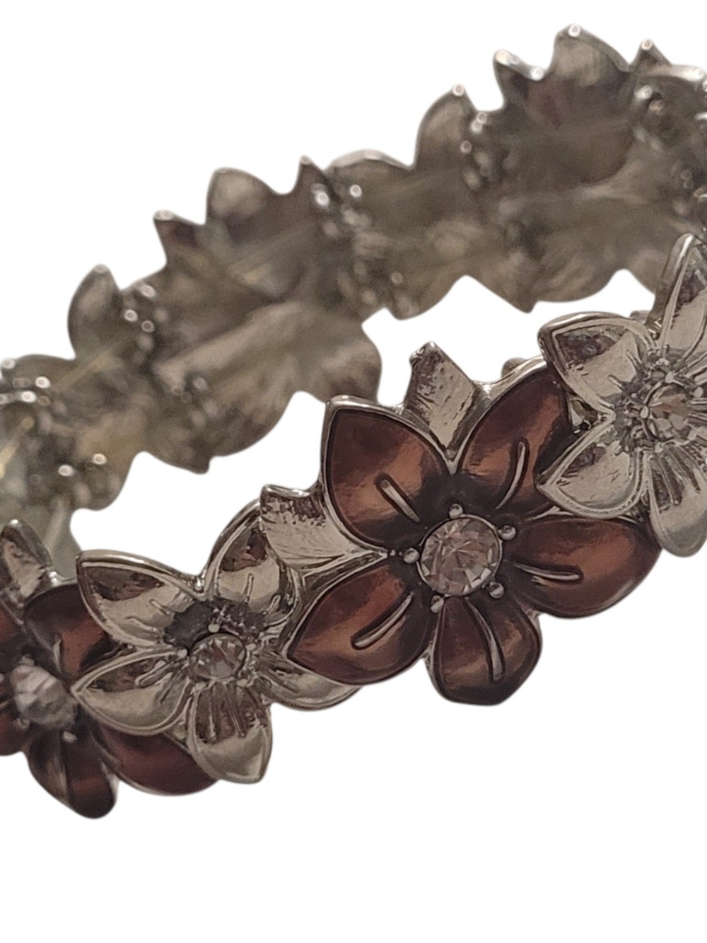 Floral Two-Tone Flower Stretch Bracelet - Silver and Brown